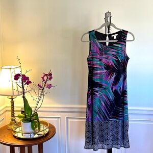 Mediterranean Teal + Pink Palms Dress Black + White Geo Size Medium Sleeveless